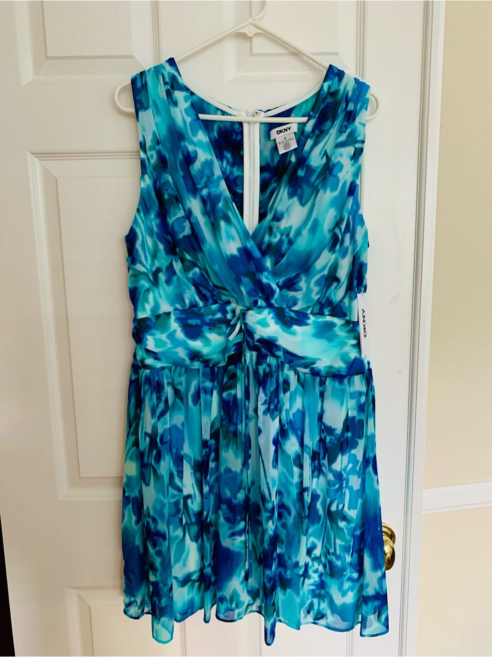 NWT DKNY Dress: Light/Dark Blue Print, Sleeveless, Surplus front, Lined, Zip 14